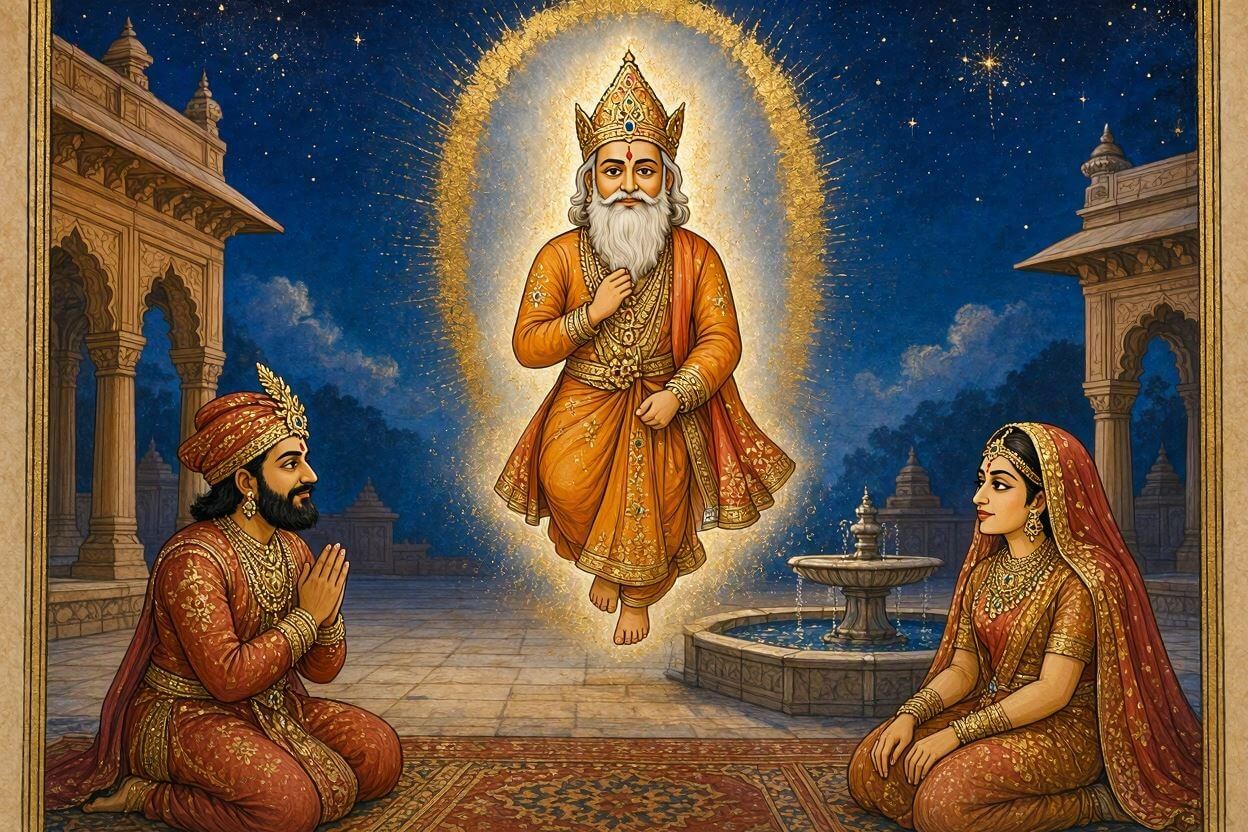 Digital painting of King Amar Singh and Queen Swarakala kneeling in devotion before the highly radiant form of Supreme God Kabir Ji in a mystical, cosmic setting