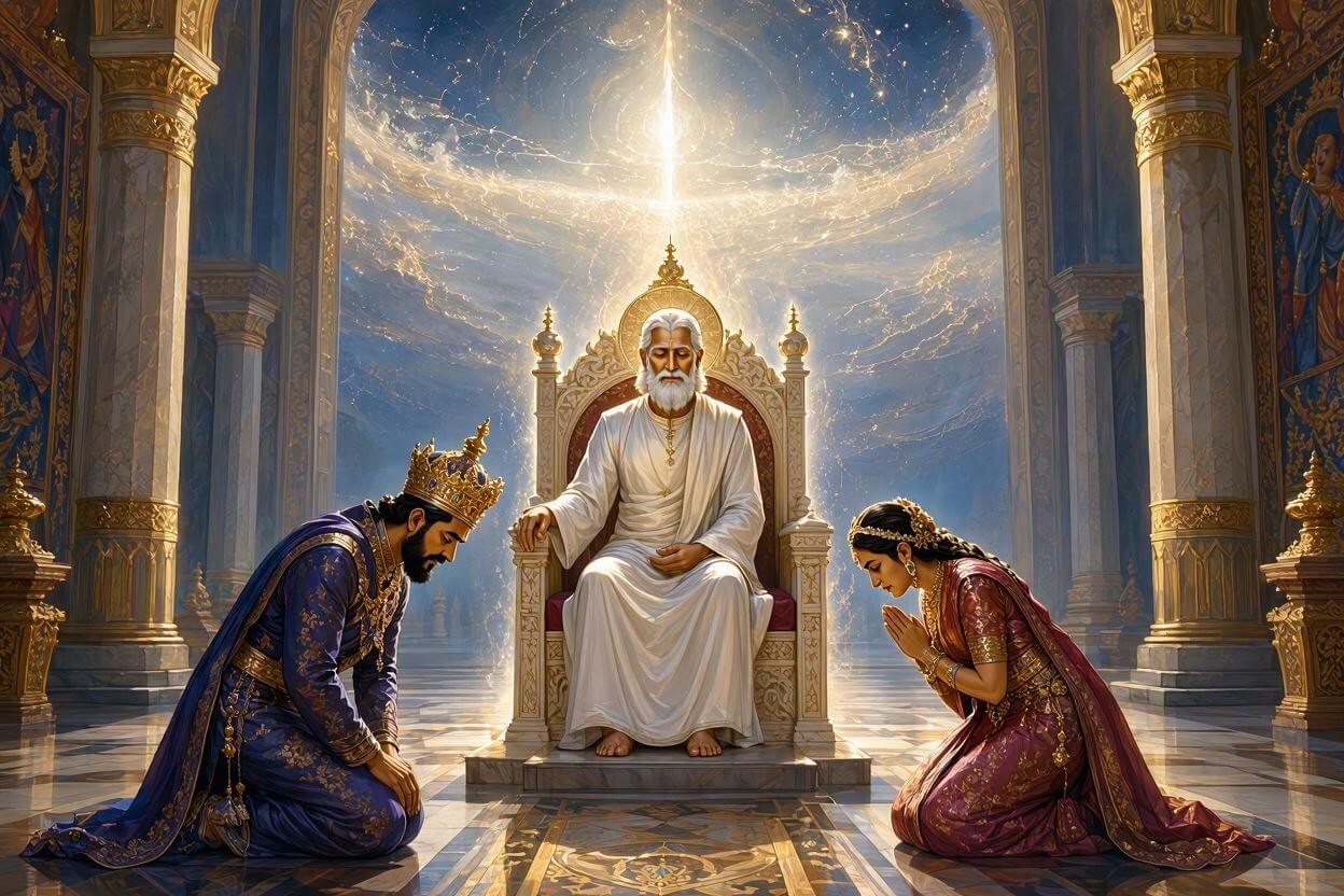 Digital painting of King Bir Singh Baghel and his queen bowing before Supreme God Kabir Ji in a grand royal court with a radiant heavenly realm visible in the cosmic background