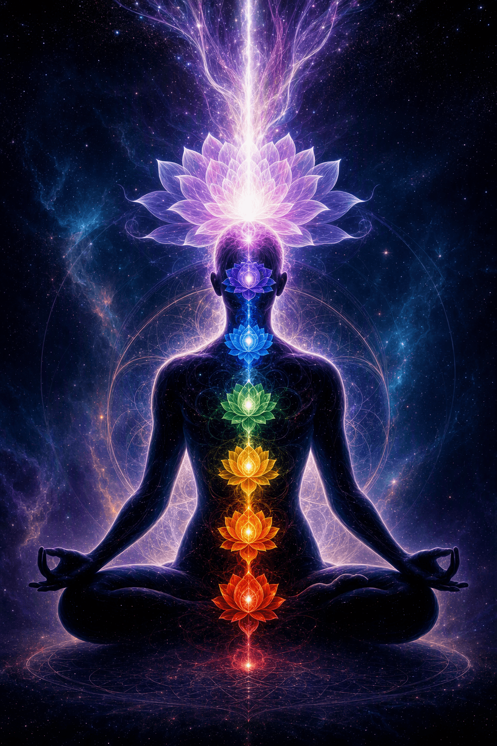 Diagram of human body chakras leading up to the Sahasrara Kamal and Brahmarandhra aperture at the crown of the head