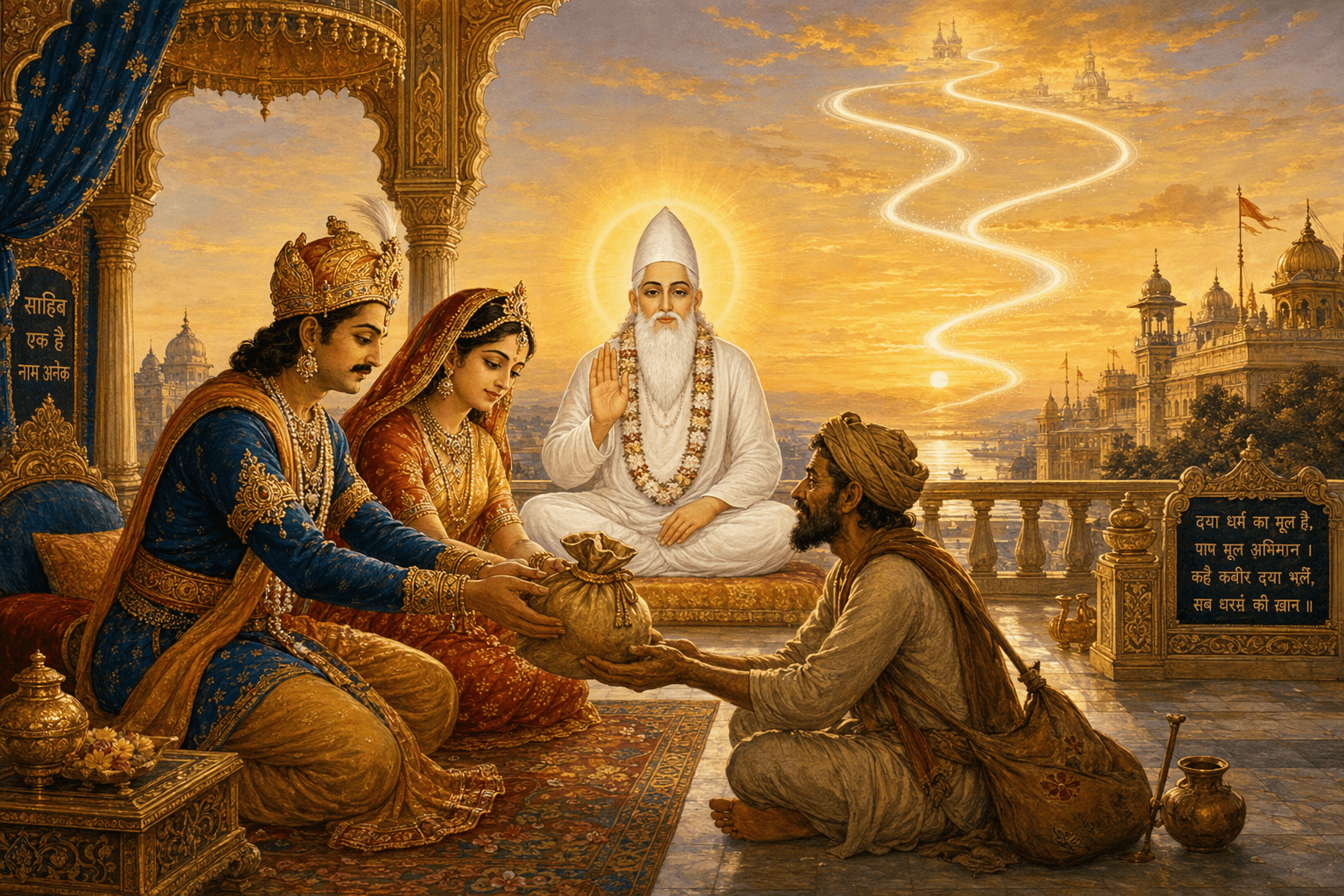 Traditional Indian art style painting representing the righteous laws of daily prayer and selfless charity as outlined in Dharm Bodh.