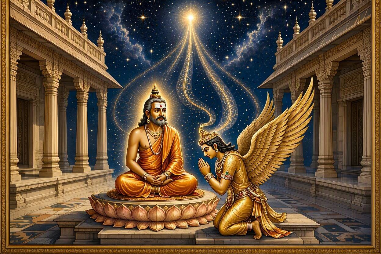 Traditional Indian art style painting of the winged figure Garud kneeling in deep devotion before the radiant form of Supreme God Kabir Ji