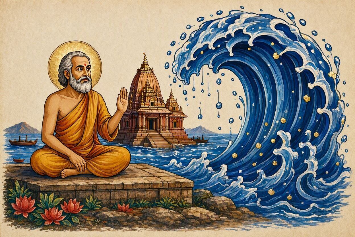 Traditional Indian art style painting of Supreme God Kabir Ji sitting on a stone platform, raising his hand to freeze a massive tidal wave and save the Jagannath Temple from the ocean