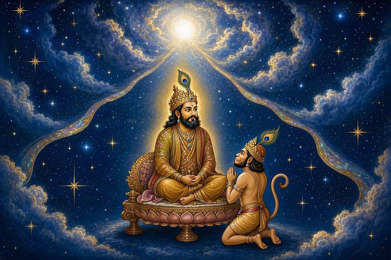 Traditional Indian art style painting of Hanuman kneeling in deep devotion before the radiant form of Supreme God Kabir Ji in a cosmic setting.