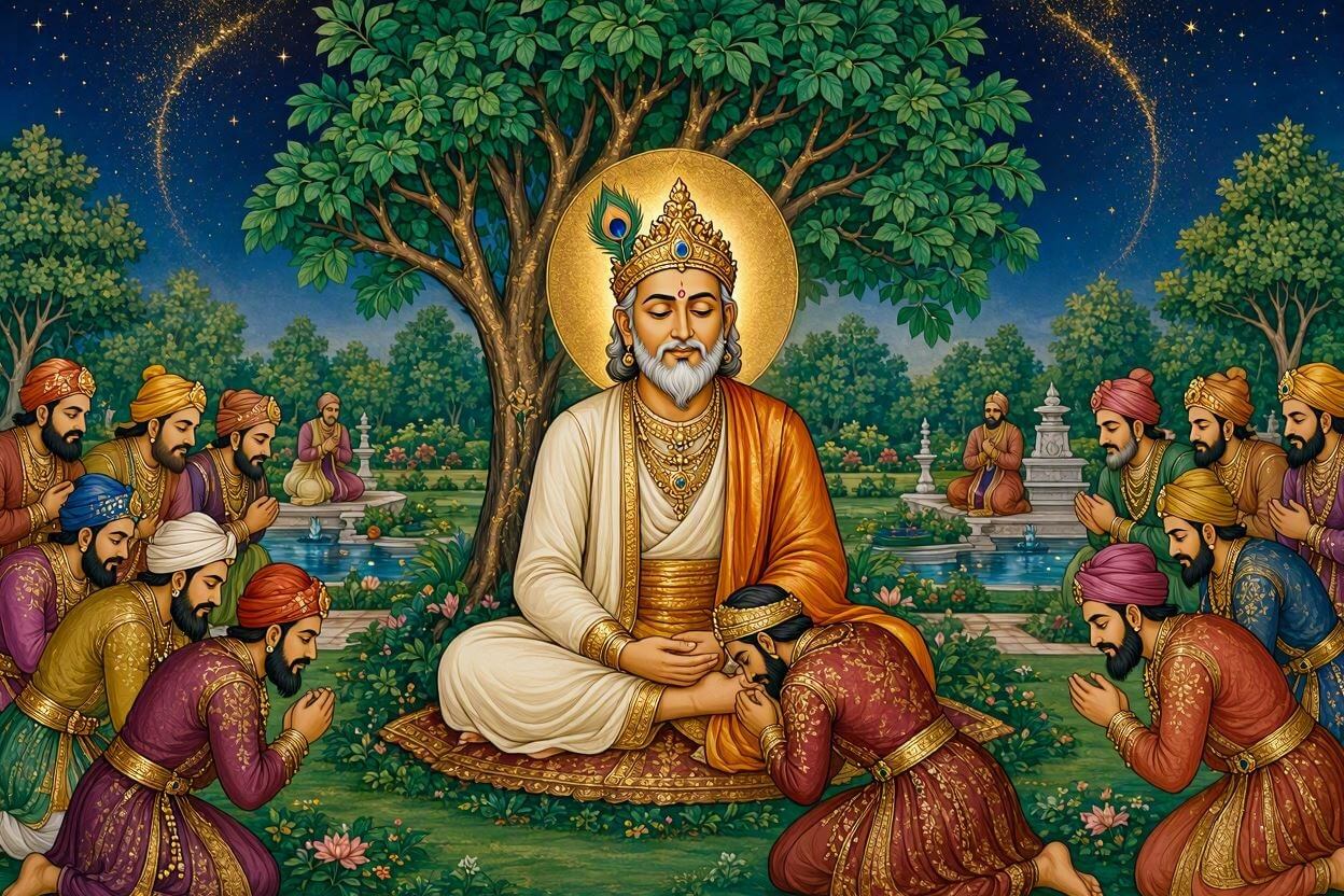 Traditional Indian art style painting of King Jagjeevan bowing before Supreme God Kabir Ji in a miraculously revived lush green royal garden