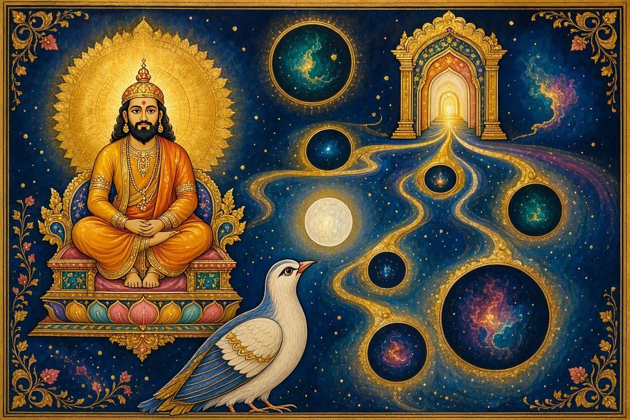 Traditional Indian art style painting representing the cosmic map of Satlok, featuring the symbolic Chakora bird gazing at the light of the Satguru.