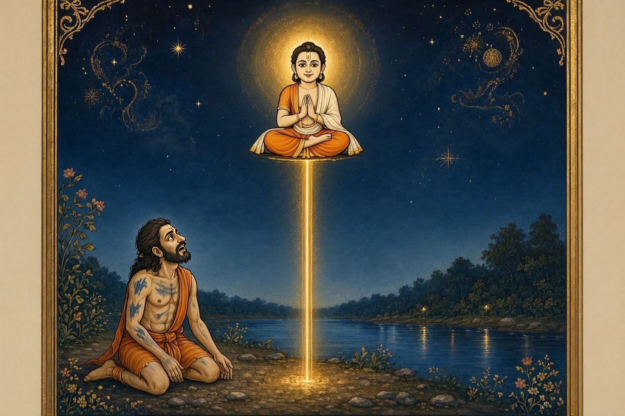 Traditional Indian art style painting representing the miraculous thread-climbing duel between Supreme God Kabir Ji and the yogi Gorakhnath.
