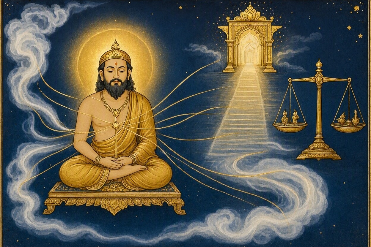 Traditional Indian art style painting representing the dissolving lines of destiny and karma before the radiant form of Supreme God Kabir Ji.
