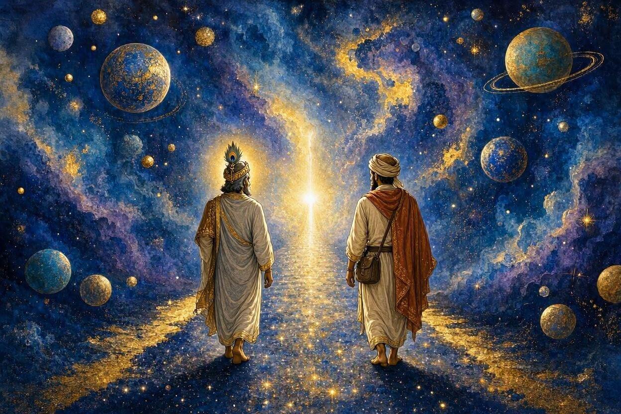 Traditional Indian art style painting of Supreme God Kabir Ji guiding a traveler along an ethereal cosmic path through celestial spheres toward the bright realm of Satyalok.